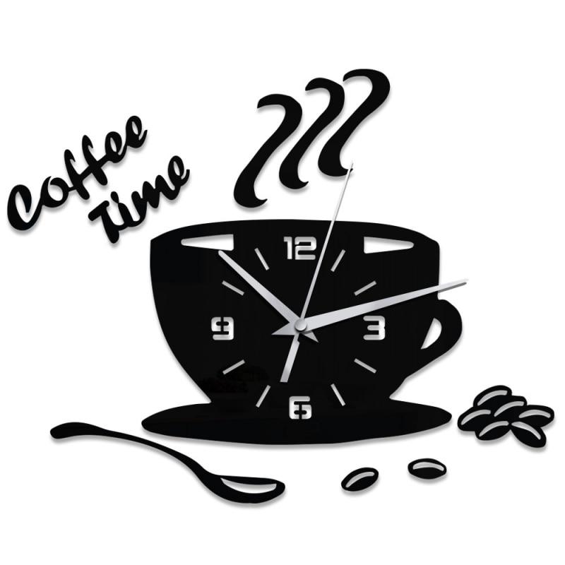 3D Coffee Cup Shape Time Clock DIY Mirror Acrylic Wall Clock Modern