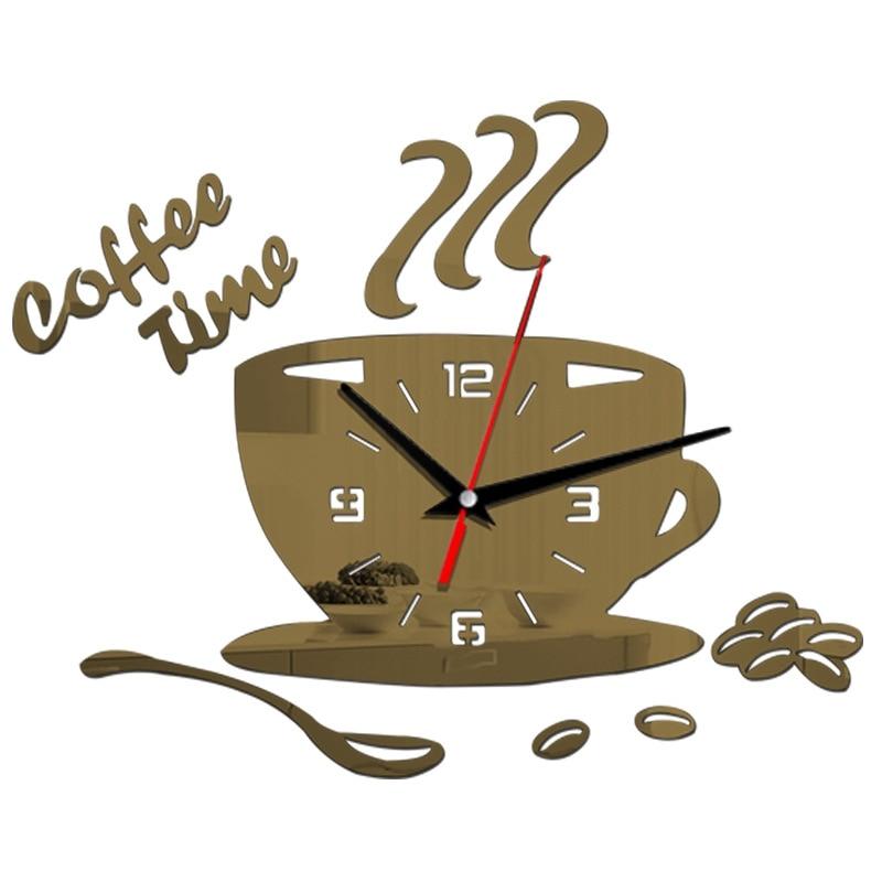 3D Coffee Cup Shape Time Clock DIY Mirror Acrylic Wall Clock Modern