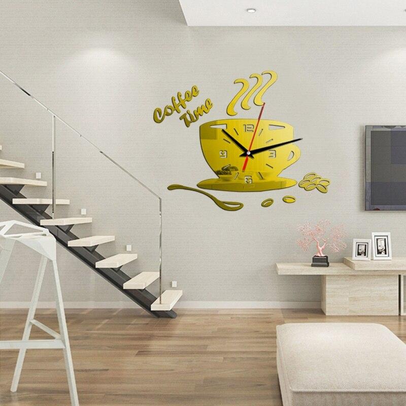 3D Coffee Cup Shape Time Clock DIY Mirror Acrylic Wall Clock Modern