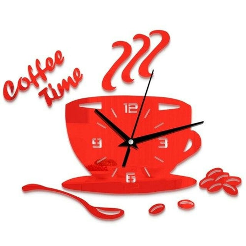 3D Coffee Cup Shape Time Clock DIY Mirror Acrylic Wall Clock Modern