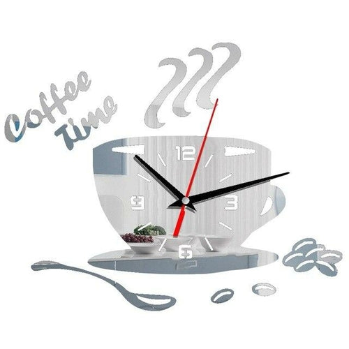 3D Coffee Cup Shape Time Clock DIY Mirror Acrylic Wall Clock Modern