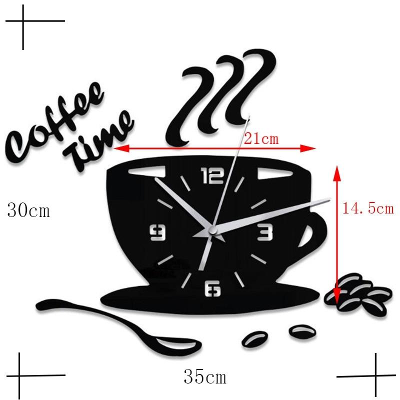 3D Coffee Cup Shape Time Clock DIY Mirror Acrylic Wall Clock Modern