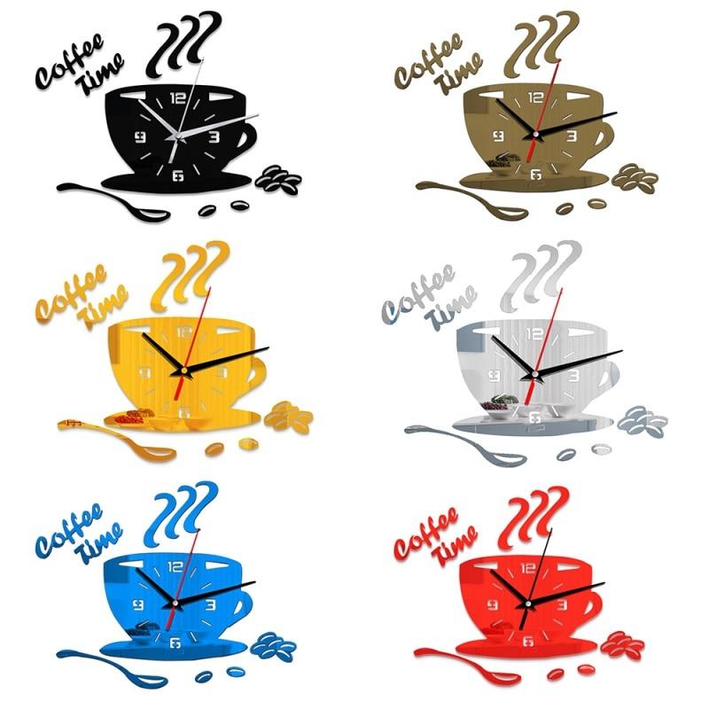 3D Coffee Cup Shape Time Clock DIY Mirror Acrylic Wall Clock Modern