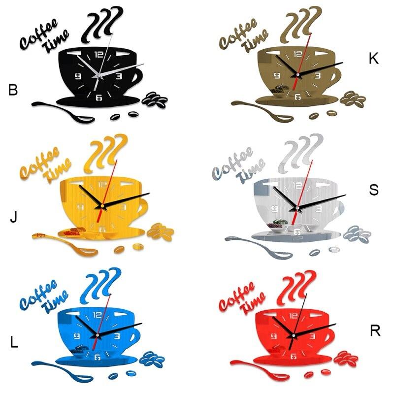 3D Coffee Cup Shape Time Clock DIY Mirror Acrylic Wall Clock Modern